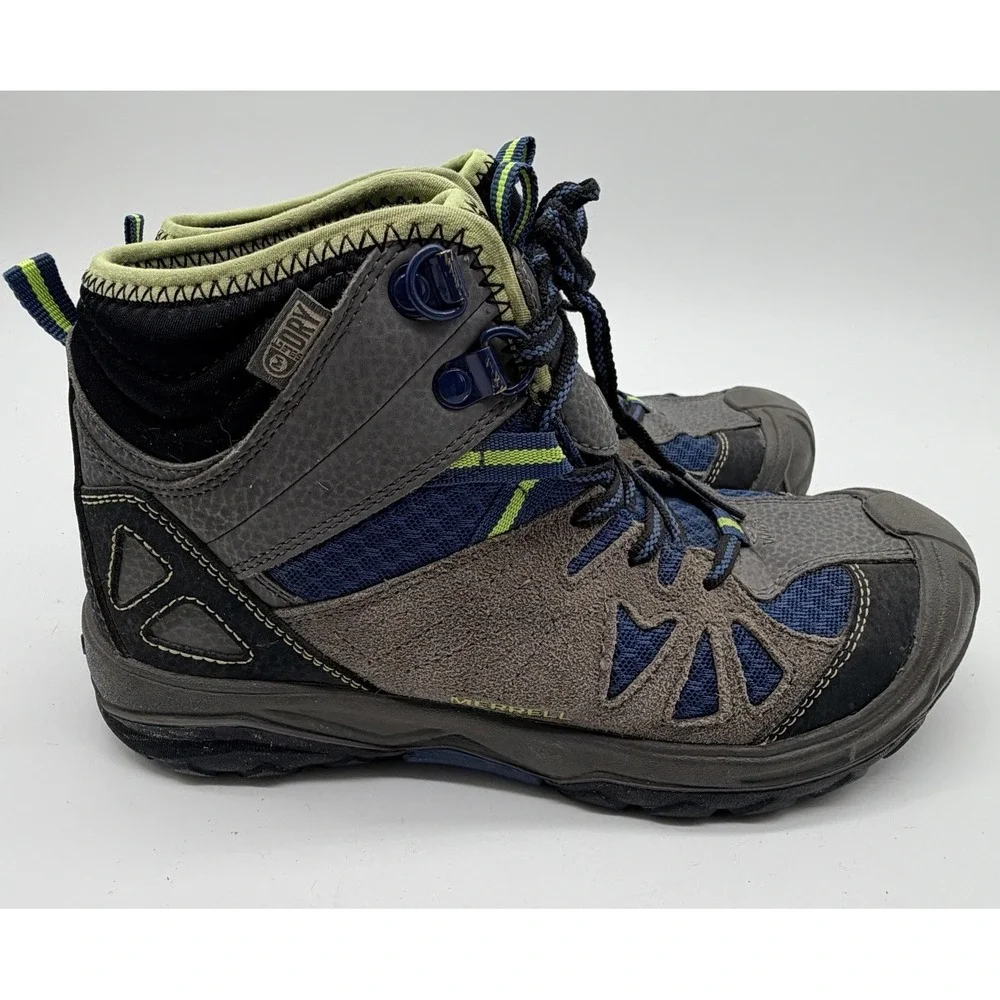 Merrell Boots Boys Youth Size 2M Blue Gray Capra Mid Waterproof Hiking MC54635